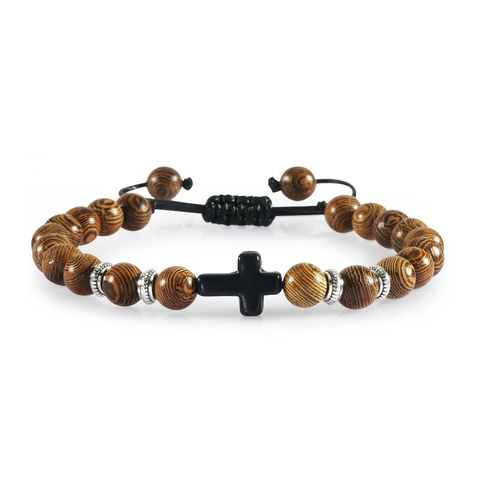 Brazalete con cuentas de madera de piedra Natural para hombres y mujeres, pulsera trenzada con cruz de Jesús, para rezar, Yoga, regalo de pareja ► Foto 1/6