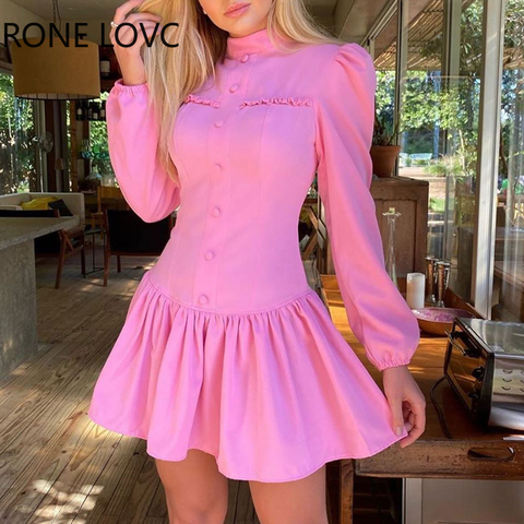 Vestido elegante de manga larga con volantes para mujer, vestido elegante con botones y cuello alto ► Foto 1/4