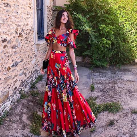 Conjunto de 2 piezas formado por Top y falda, conjunto de 2 piezas, para mujer, falda larga plisado, estilo bohemio y bohemio ► Foto 1/6