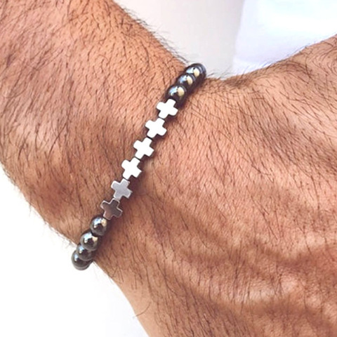 Pulsera con cuentas volcánicas de Hematita Natural para hombre y mujer, brazalete con Cruz, difusor de piedras de Lava, regalo de joyería ► Foto 1/4