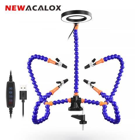 NEWACALOX escritorio Clip para PCB de soldadura de 3X lupa con luz LED de soldadura mano brazo Flexible de soldadura herramienta de tercera mano ► Foto 1/6