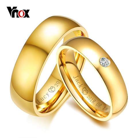 Vnox-anillos de boda clásicos para hombre y mujer, sortija de acero inoxidable, Color dorado, aniversario, regalo para amantes del nombre personalizado ► Foto 1/6
