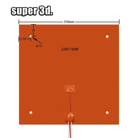 Plataforma de cama caliente de silicona para impresora 3D, 310x310mm, 220v, 750w, para Creality CR-10 10s pro, almohadilla de calefacción, placa de construcción, pieza de calentador de impresión ► Foto 1/6