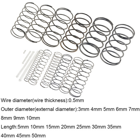 Resorte de compresión pequeño de acero, resorte de presión de retorno mecánico OD 3mm 5mm, 0,5x3, 4, 5, 6, 7, 8, 9, 10mm x 5-50mm, 10 Uds. ► Foto 1/6