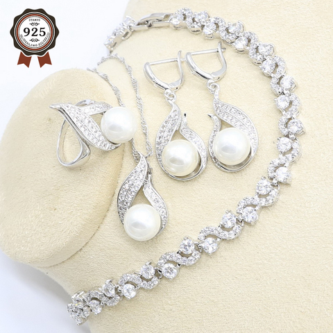 Conjunto de joyería de Color plata y Perla blanca para mujer, pulsera de Zirconia blanca, pendiente, collar, colgante, anillo, regalo de cumpleaños ► Foto 1/6
