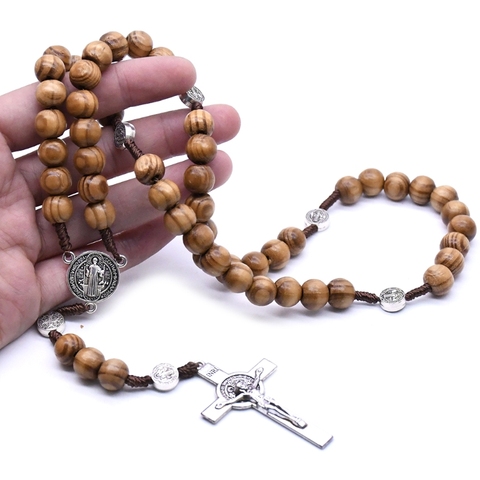 Collar de cuentas redondas hechas a mano para hombres, pendiente de cruz de Jesús, religioso ► Foto 1/6