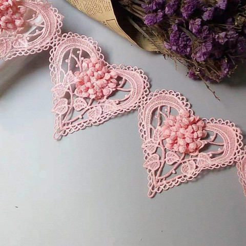 Adorno de encaje floral de algodón con corazón 3D rosa, lazo de encaje bordado, hecho a mano vestido de boda, Patchwork, artículos de costura artesanal, 1 yarda ► Foto 1/6