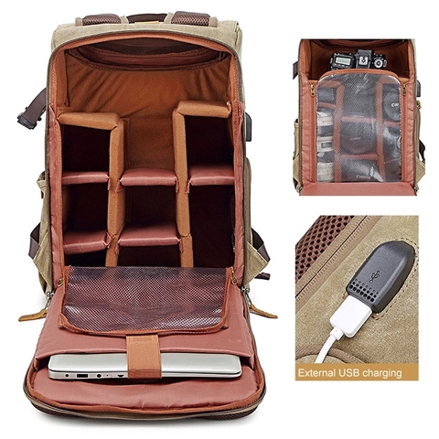 Mochila de lona impermeable M450 Batik para fotografía Retro para hombre, puerto USB, 15,6 pulgadas, bolsa de cámara para portátil, funda de transporte para Canon, Nikon, DSLR ► Foto 1/6