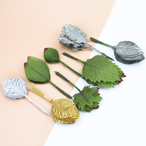 12 piezas diy Artificial de flores de novia de seda broche de hojas de color verde para la decoración de fiesta de boda arte de colección de recortes falsa flor ► Foto 1/6