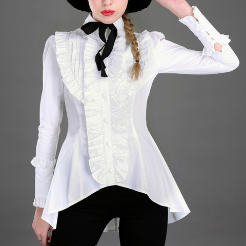 Primavera mujer camisa blanca con volantes Vintage Victorian camisas señoras gótico swallowtail blusa lolita disfraz ► Foto 1/1