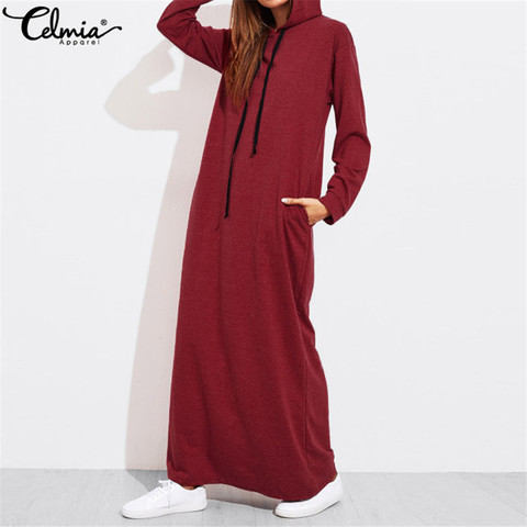 Celmia de talla grande mujeres Maxi vestido otoño Vintage con capucha vestido sudadera de invierno de manga larga con capucha Vestidos de invierno Mujer ► Foto 1/6