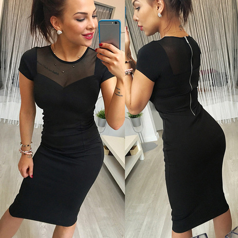 Las mujeres de malla empalme vestidos de manga corta talla grande S-XXXXXL noche Sexy Bodycon Club cremallera vestido de verano Midi lápiz vestido caliente ► Foto 1/5