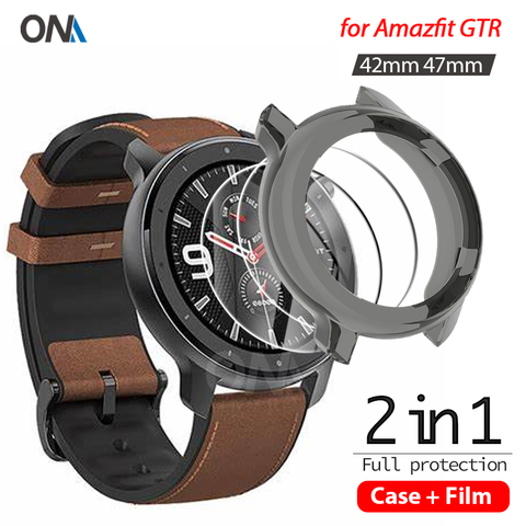 Funda protectora 2 + 1 para reloj inteligente Huami Amazfit GTR, Protector de pantalla de 42MM y 47MM, funda protectora suave de TPU, película de vidrio templado ► Foto 1/6