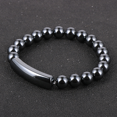 Pulsera de cuentas de hematita negra con piedra Natural para hombre y mujer, brazalete elástico de hematita de calidad superior 5A, regalo de joyería para hombre y mujer ► Foto 1/6