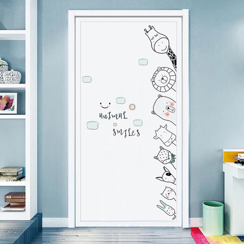 Pegatinas de pared de animales de dibujos animados, pegatinas de puerta para habitación de niños, dormitorio, calcomanías de pared dibujadas a mano, decoración de habitación de bebés y guardería ► Foto 1/4