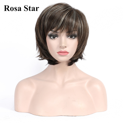 Peluca de pelo corto Rosa Star para mujer, pelo corto con flequillo, liso, corto, Natural ► Foto 1/6
