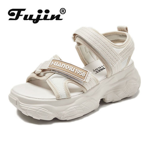 Fujin-sandalias de plataforma gruesa para mujer, zapatos gruesos con cinta mágica, informales, color Beige y negro, cómodos, para verano, 2022 ► Foto 1/6