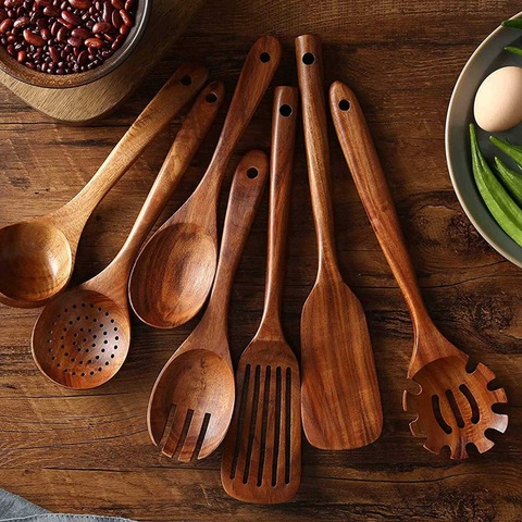 Juego de utensilios de cocina de madera, cucharas de madera para cocinar espátula de cocina de madera Natural de teca Set para incluir 7 Pack ► Foto 1/6