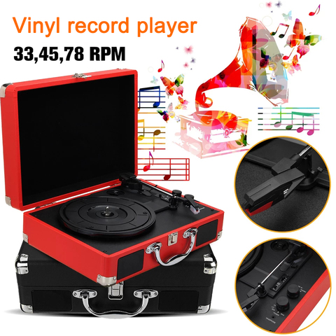 TOCADISCOS Portátil con bluetooth para maleta, reproductor de teléfono de grabación LP de vinilo, 3 velocidades, Aux-in-out, 45/78-100 V, 33/240 RPM ► Foto 1/6