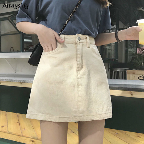 Faldas de mujeres, vestido Denim bolsillos botón Mini alta cintura-Encuentro de ocio coreano Chic Simple de moda para mujer diario elegante ► Foto 1/6