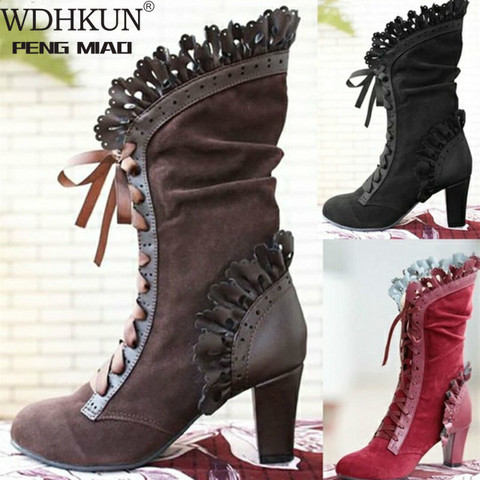 Botas de tacón alto Steampunk para mujer, botas de ante de cuero sexys, Vintage de otoño e invierno zapatos, botas de Cosplay con cordones, HVT373 ► Foto 1/6