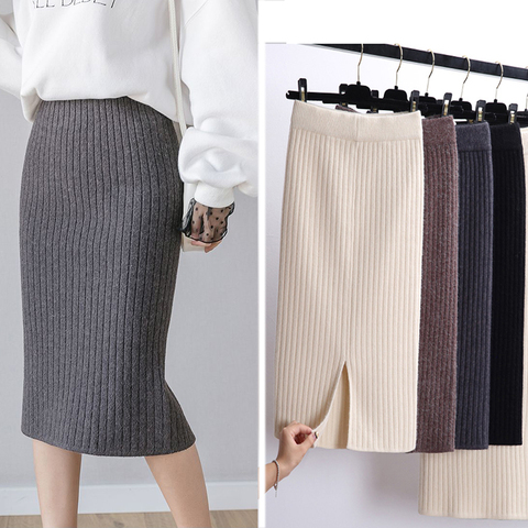 Falda larga de punto para mujer, falda Sexy de oficina, color negro, de cintura alta, elegante, para fiesta y Club, primavera y otoño, 2022 ► Foto 1/6