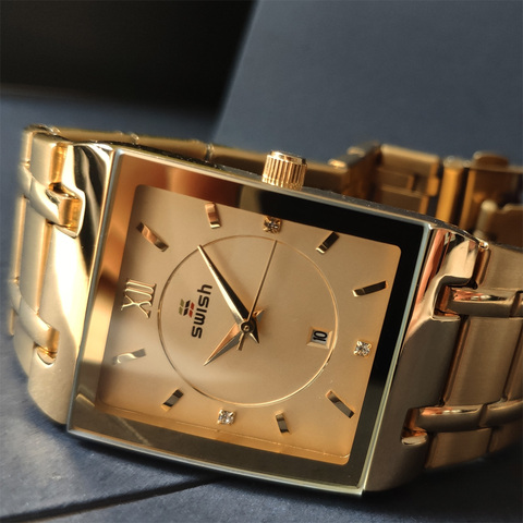 Reloj de lujo para mujer, pulsera dorada, de cuarzo cuadrado, reloj con diamantes para damas ► Foto 1/6