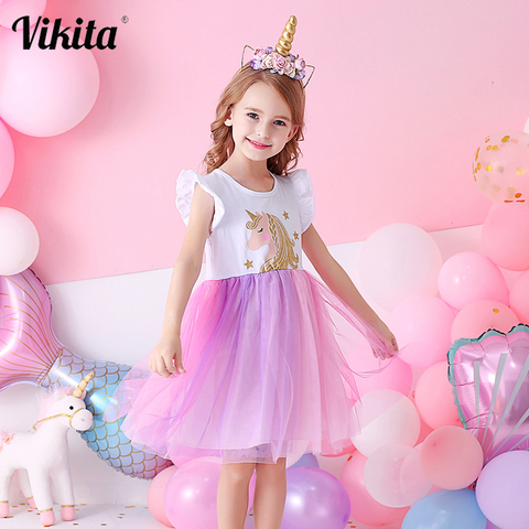 VIKITA, vestido de unicornio para niñas, Vestidos de dibujos animados para niños, Vestidos de tutú para niños pequeños, vestido de verano sin mangas, Vestidos de princesa ► Foto 1/6