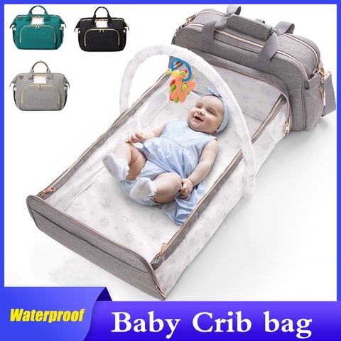 Mochila 3 en 1 para pañales, mochila plegable para cama de bebé, bolsa de viaje impermeable con carga USB, bolsa de pañales, mochila con cambiador ► Foto 1/6