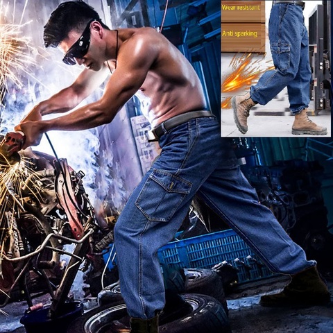 Pantalones de trabajo para hombre, trabajo de reparación de automóviles, trabajo antichispa, fábrica, pantalones de trabajo, Denim, ropa de seguridad, pantalones de soldador ► Foto 1/6