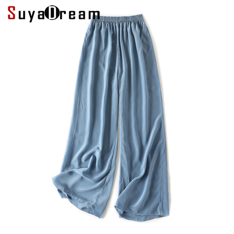 SuyaDream-pantalones de pierna ancha para mujer, 100% de seda Real, liso elástico, de cintura larga, para oficina, primavera y verano, 2022 ► Foto 1/6