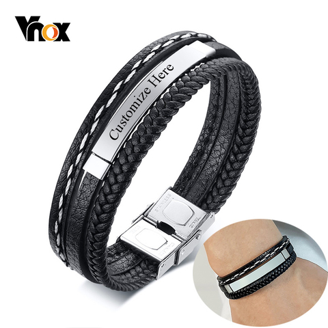 Vnox-pulsera de cuero multicapa con nombre personalizado para hombre, brazalete de acero inoxidable con identificación, joyería personalizada ► Foto 1/6