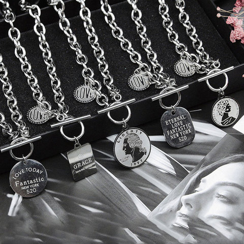 KMVEXO Punk hip-hop Rock de acero inoxidable moneda amor geométrico colgante collares para las mujeres los hombres cadenas con letras de la calle de la joyería ► Foto 1/6