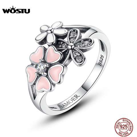 WOSTU-anillo poético de Plata de Ley 925 para mujer, sortija de boda con flor de Margarita cereza, 100% Plata de Ley 925, regalo para amantes, CQR004 ► Foto 1/6