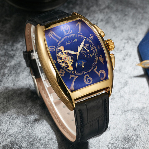 SEWOR-Reloj de pulsera automático para Hombre, Tourbillon, con caja Tonneau, fase lunar, en segundos pequeños ► Foto 1/6