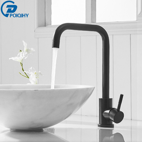 POIQIHY-grifo negro mate para lavabo de baño, mezclador de fregadero negro, Palanca única de cocina, mezclador de agua caliente y fría ► Foto 1/6