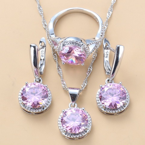 Conjunto de joyería nupcial de plata 925 para mujer, Set de 3 piezas de circón Rosa redondo de princesa dulce, accesorios de joyería para mujer, 10 colores ► Foto 1/6