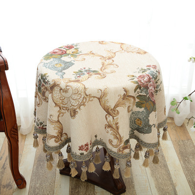 Mantel jacquard de chenilla de estilo europeo, cubierta de mesa redonda de tela, jacquard, mesa de café, mantel de borla ► Foto 1/6
