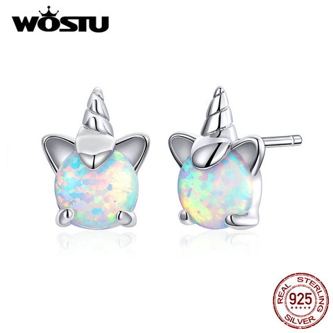 Wostuu 100% Plata de Ley 925 pendientes de ópalo unicornio para mujer pendientes pequeños de boda joyería de aniversario de moda CQE737 ► Foto 1/6