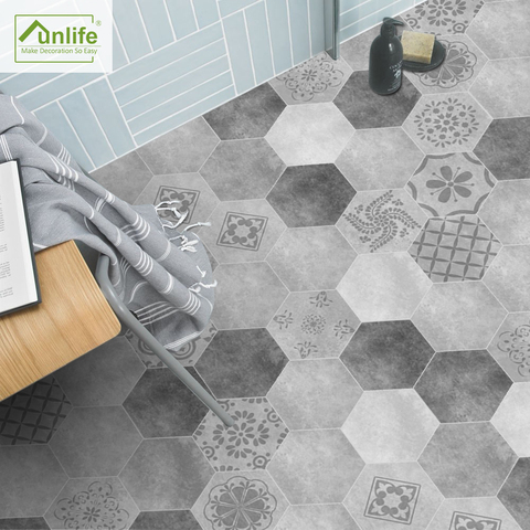 Funlife-Pegatinas de suelo para baño, autoadhesivo impermeable de color negro, blanco y gris, portugués, azulejo antideslizante, para pared y cocina ► Foto 1/6