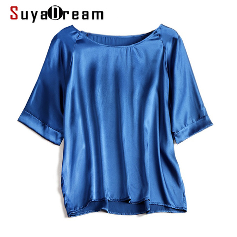 SuyaDream-Camiseta lisa de seda de 100% para mujer, camisa elegante de manga corta con cuello de barco y manga de murciélago, Top de seda negra para primavera y verano 2022 ► Foto 1/6