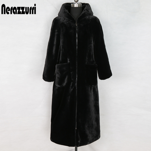 Nerazzurri abrigo largo de piel sintética de invierno con capucha de manga larga cremallera negro peludo piel de conejo falso outwear talla grande shealing chaqueta abrigo pelo mujer abrigo de pelo sintetico mujer 7xl ► Foto 1/6