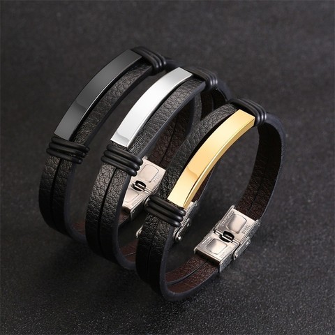 Vnox-Pulseras de cuero negro para hombre, pulsera personalizada con grabado, información, 8,07