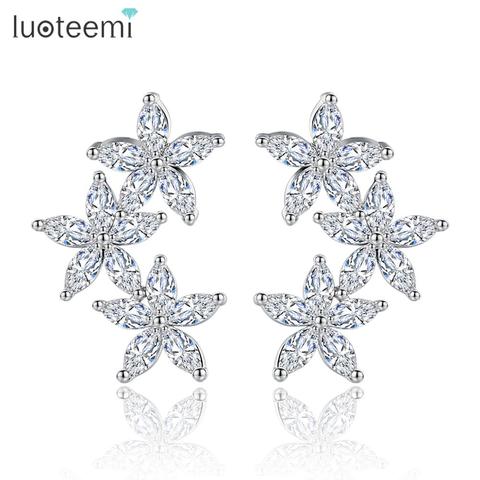 LUOTEEMI Nueva Como Las Flores En Flor Stud Cubic Circón Chica Brincos Joyería de Oro y de Color Blanco Para Las Mujeres del Regalo de Boda ► Foto 1/6