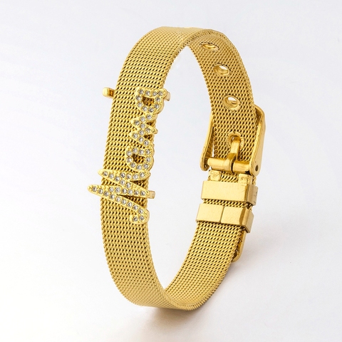 Correa de reloj de acero inoxidable para mujer, brazalete de oro con abalorio para el día de la madre, mejor regalo de joyería, pulsera de cuentas de CZ de alta calidad ► Foto 1/6