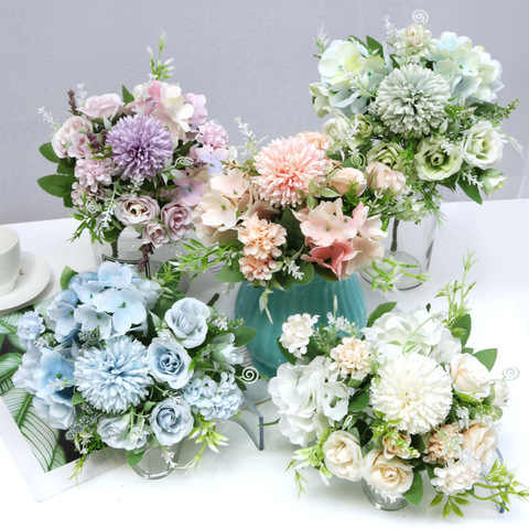 Ramo de flores artificiales de seda para la familia, gran oferta, 1 unidad, flor mixta multicolor, hermosa Hortensia rosa, boda ► Foto 1/6