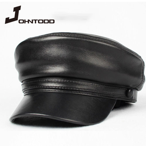 Sombrero militar de cuero pu unisex, gorra de otoño, sombrero de marinero, negro, de viaje, gorro de estudiante, capitán del ejército, top plano ► Foto 1/6