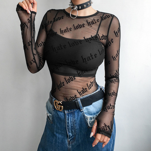 Camisetas transparentes de malla para mujer, camiseta en perspectiva con letras estampadas, cuello redondo, manga larga ► Foto 1/4