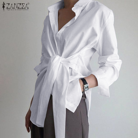 De moda de la manga larga de las mujeres de camisa ZANZEA encaje Casual camisas elegante solapa cuello OL blusa asimétrica primavera Blusas Femininas vestido ► Foto 1/6