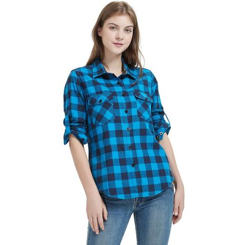 Mujer Tops con cuello botón abajo camisetas blusas enrolladas de manga larga occidental Tartan Camisa de franela a rayas gran oferta de talla grande ► Foto 1/6